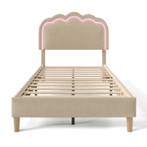 Beige Upholstered Single Bed with LED, Adjustable Headboard, Slatted Frame, YouthGuest Room Bed, Linen Material