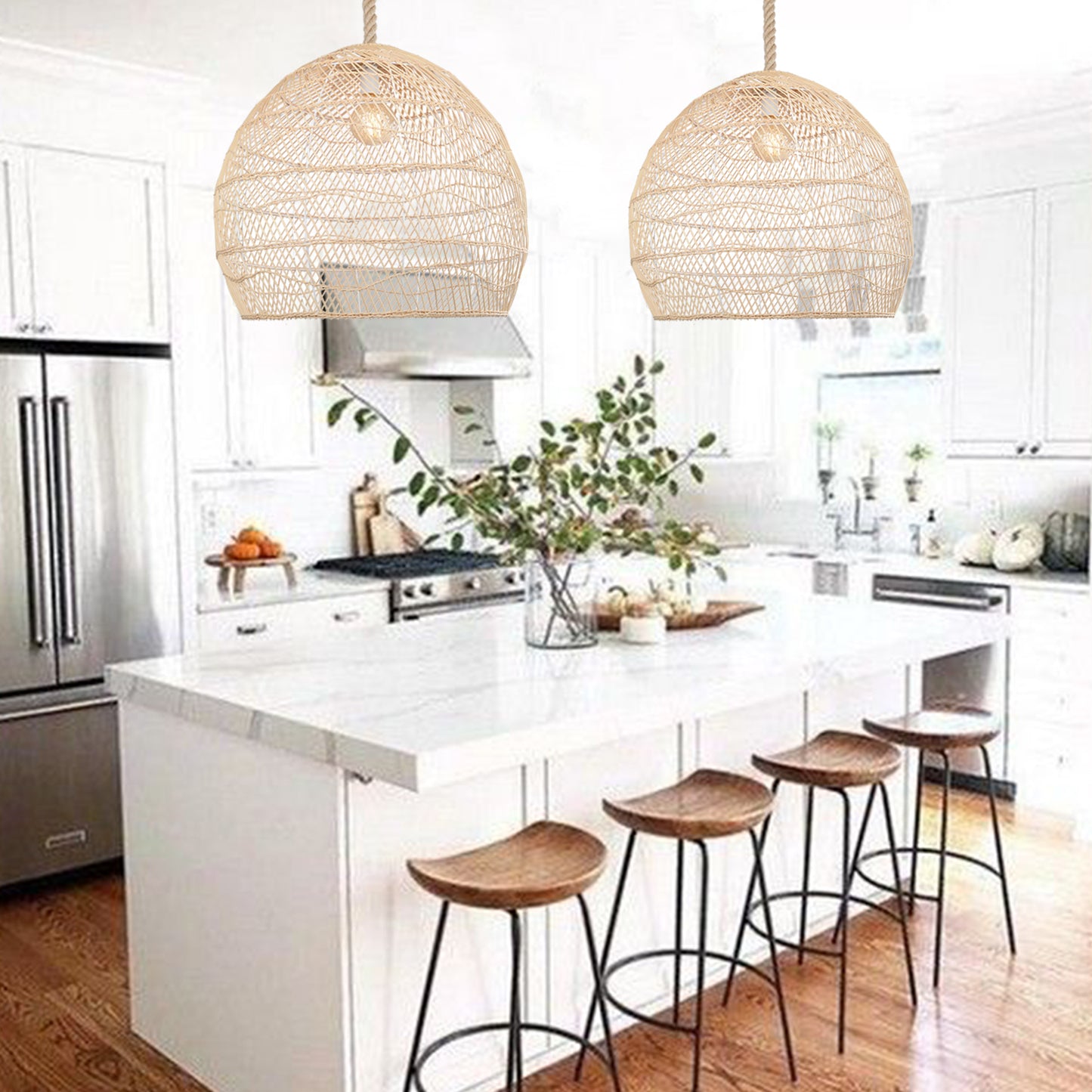 (M) Rope Rattan Pendant Lighting Fixture Natural Hardwired for Kitchen Island