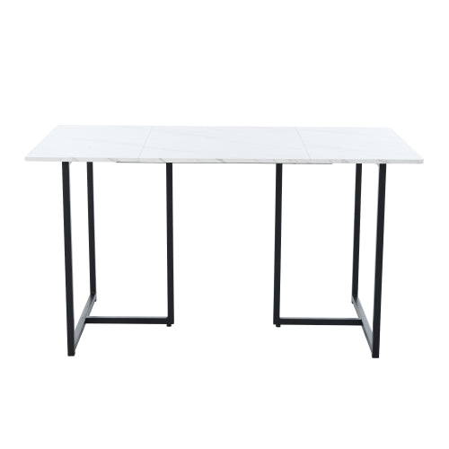 (p)Elegant Dining Table-White Marble Pattern, L-Shaped Metal Legs, Adjustable Feet, Black Accents