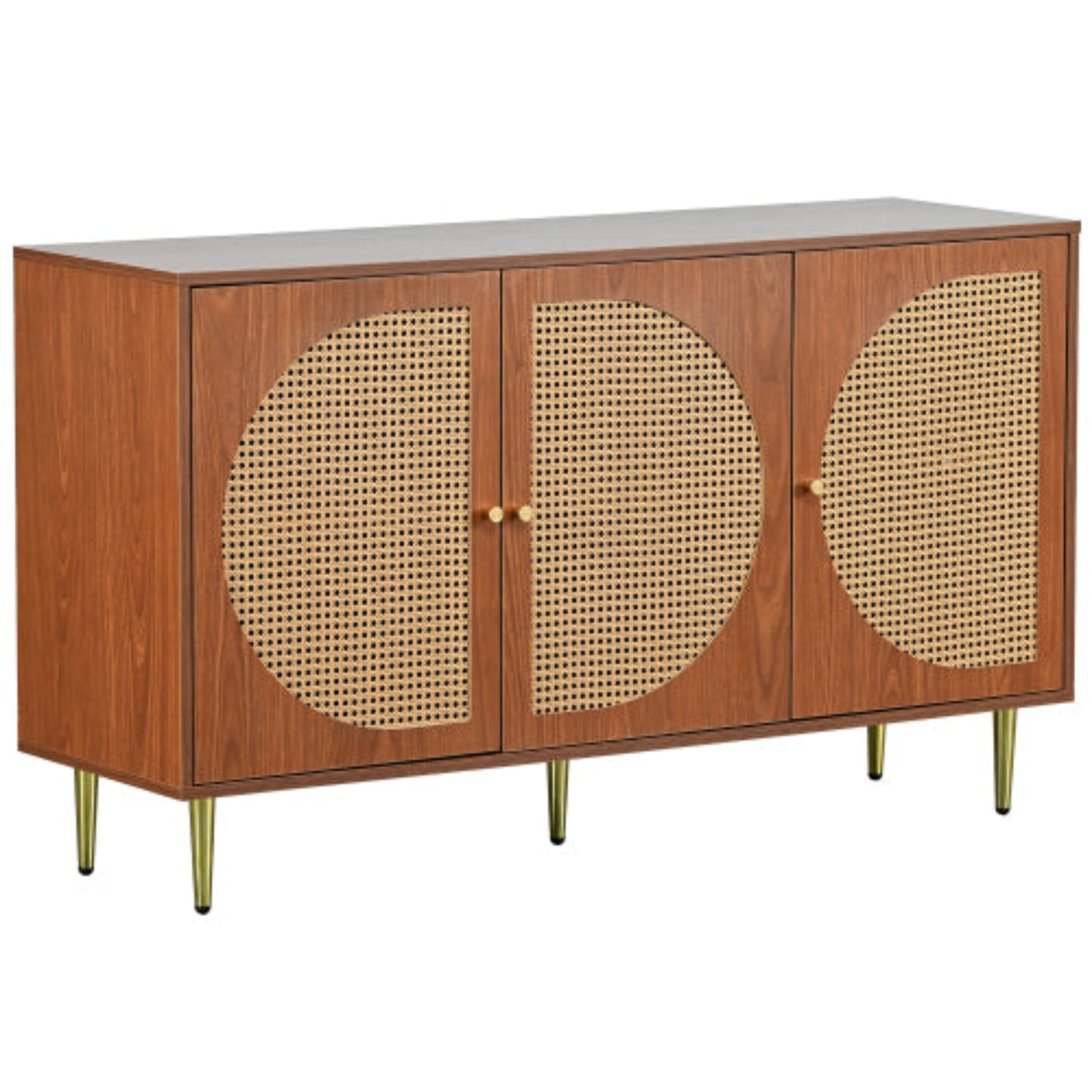 Walnut Sideboard,3 Rattan Doors, Metal Handles, Chest of Drawers,129.8x40x76cm