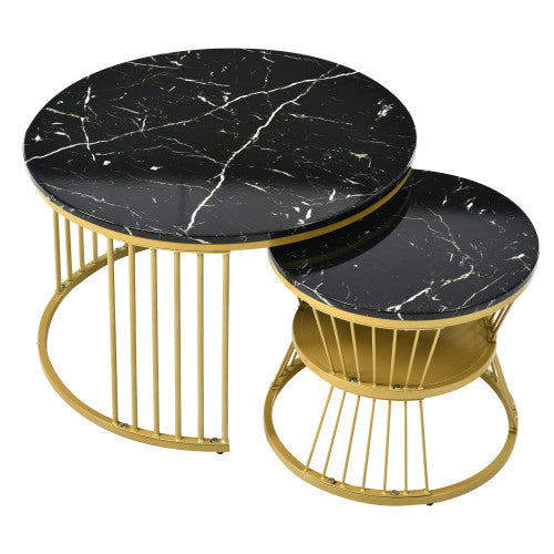 Modern Nesting Coffee Tables- Marble Veneer, BlackGolden Frame, Round Side Tables-Set of 2