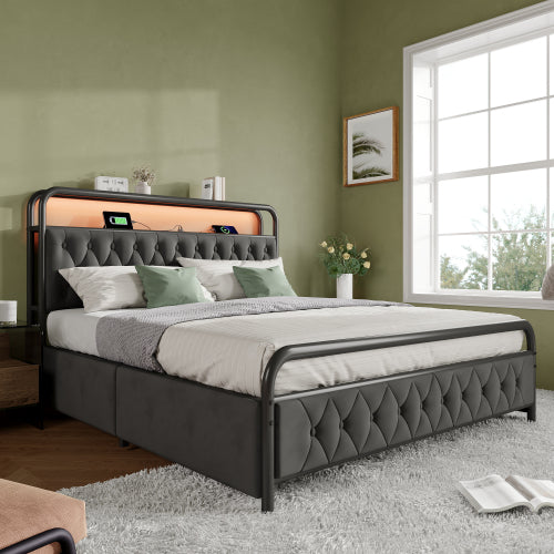 Modern Velvet Double Bed-USB Type C Charging, APP-Controlled LED, Metal Frame, 4 Drawers