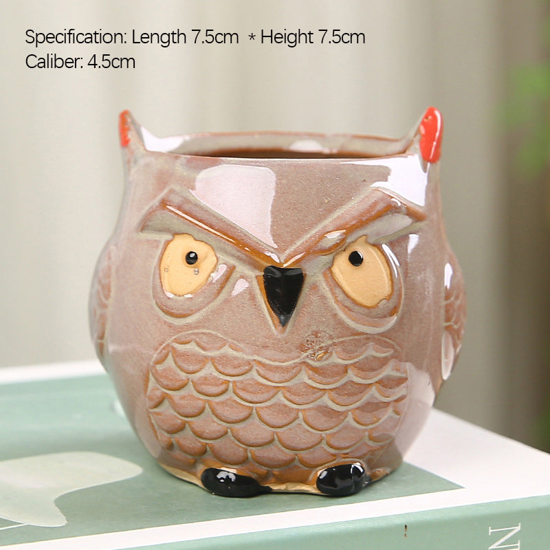 (Y)Horticultural Cute Owl Ceramic Flower Pot Succulent Plant Pottery Thumb Pot Ceramic Ornament