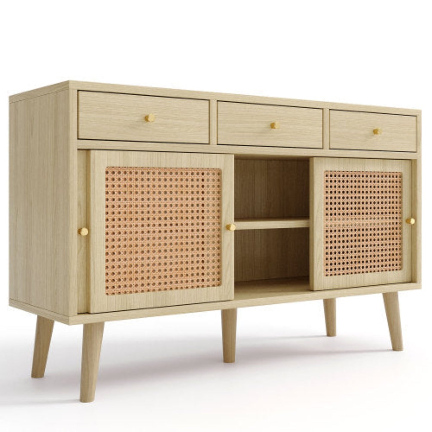 Oak sideboard with drawers and sliding rattan doors, solid wood legs, gold metal handles, adjustable shelves