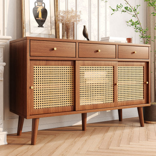 New Walnut Sideboard with 3 Drawers and 3 Rattan Sliding Doors, Gold Handles, Adjustable Shelves