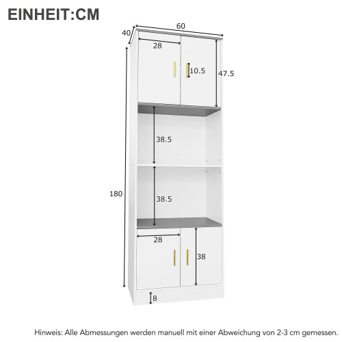 Elegant White Display Cabinet- 4-Door with Center Open Compartment, Quiet Hinges - Ideal for Kitchen or Living Room