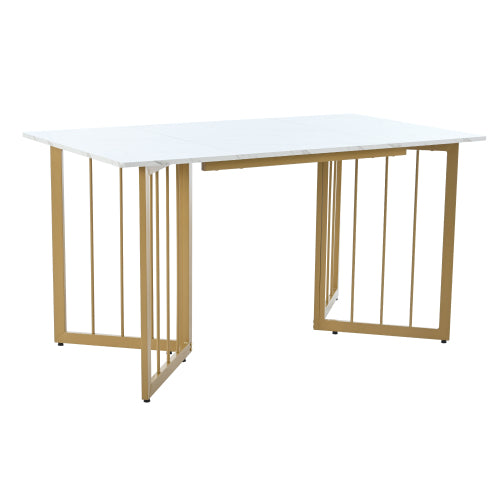 (p) Luxe Dining Table-White Marble Pattern, V-Shaped Metal Legs, Adjustable Feet, Golden Highlights