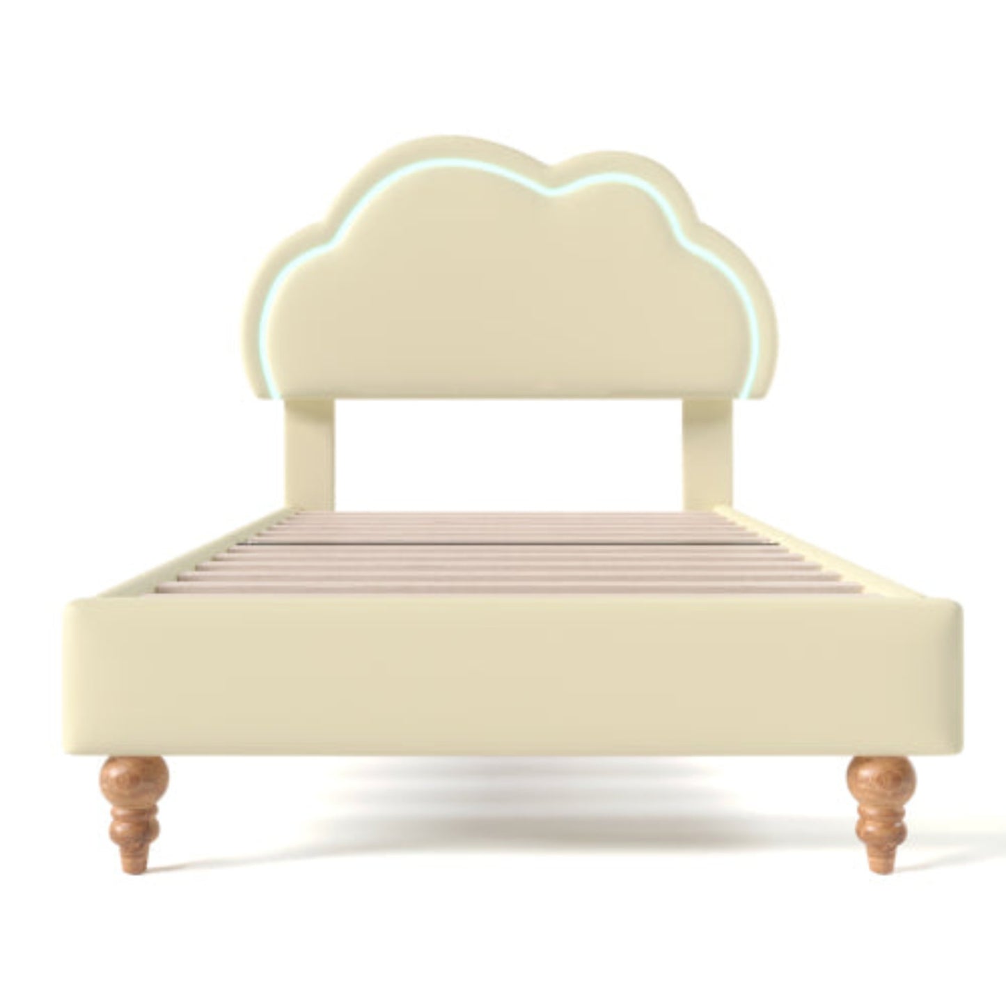 Cream PU Single Bed with LED, Upholstered Frame, Adjustable Cloud Headboard, Youth Bedroom-Guest Room