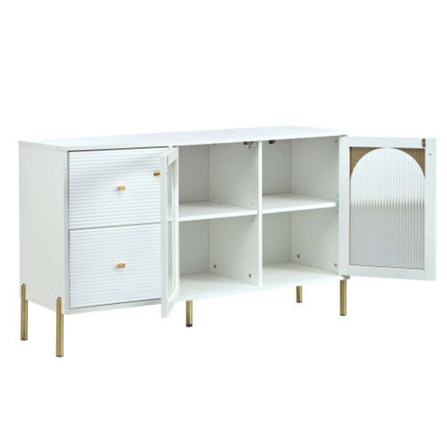 120cm White Gold Sideboard,Marble Top, Adjustable Shelves, 2 Doors, 2 Drawers, Glass Cabinet