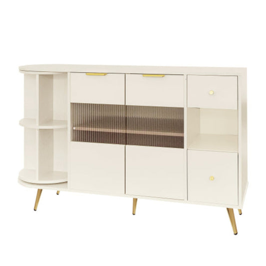 Beige Wooden Sideboard-Sliding Glass Doors, LED Lights, DiningLiving Room Storage Cabinet