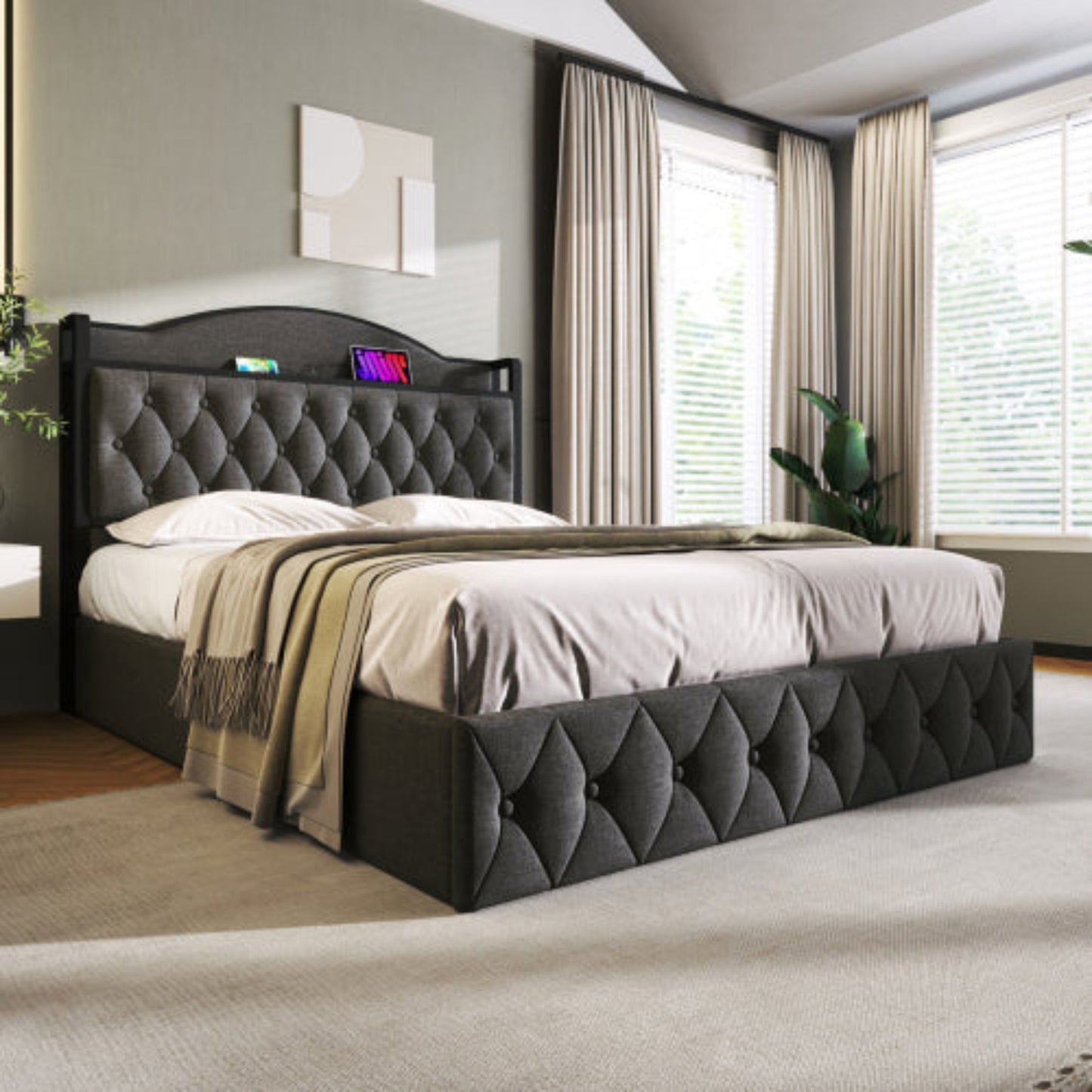 Grey Upholstered Double Bed with USB Charging, Storage, Slatted Metal Frame -Mattress Not Included