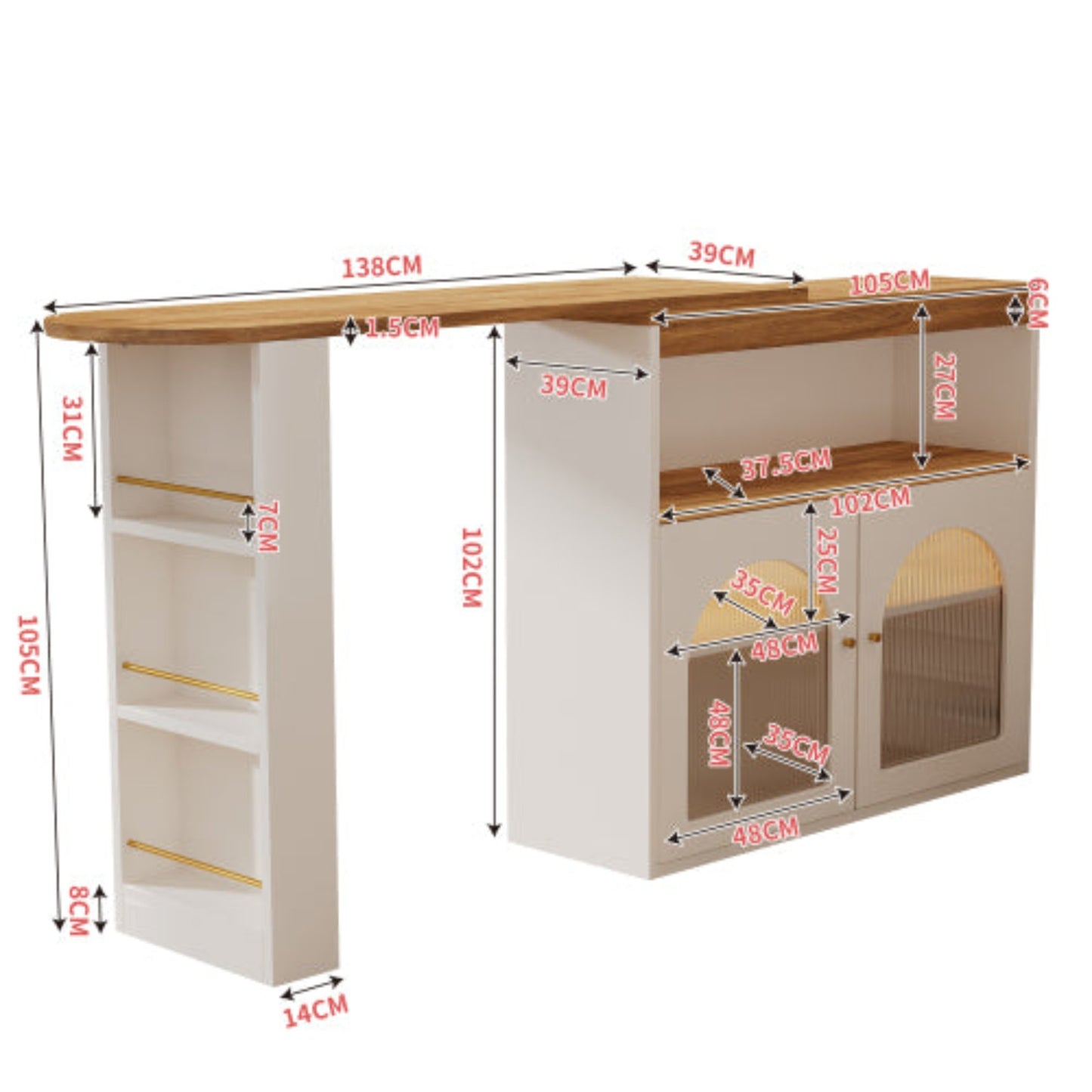 White Modern Extendable Bar Table,Storage, Rotatable, LED Light,193x39x105cm