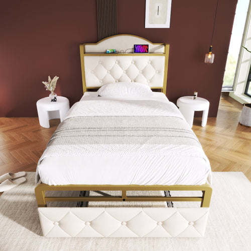 Light Beige Single Bed-USB Type C, Storage Drawers, Slatted Metal Frame -Mattress Not Included