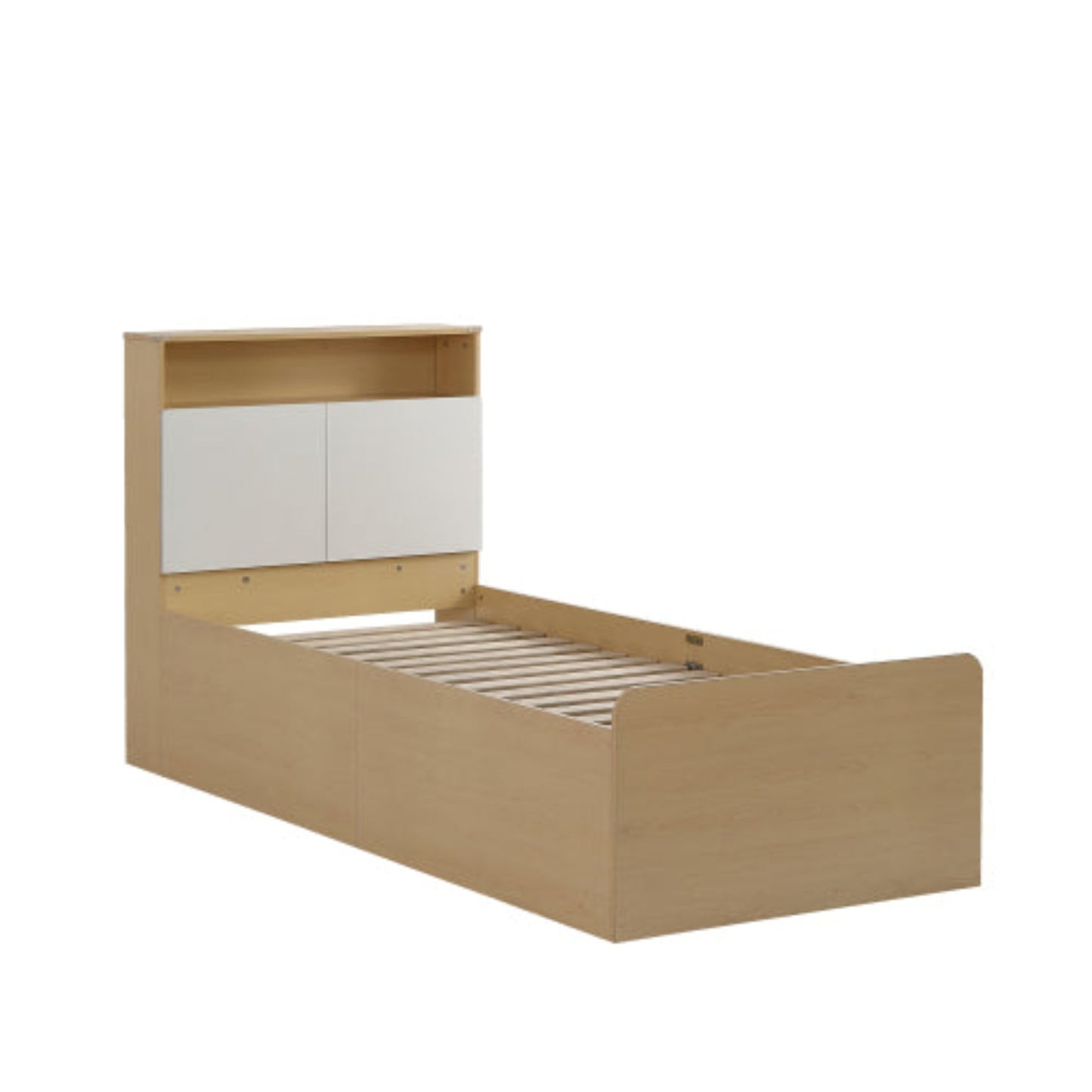 Youth Panel Bed with Flap Shelf Headboard, 4 Drawers, and Shock Protection - White Light Oak