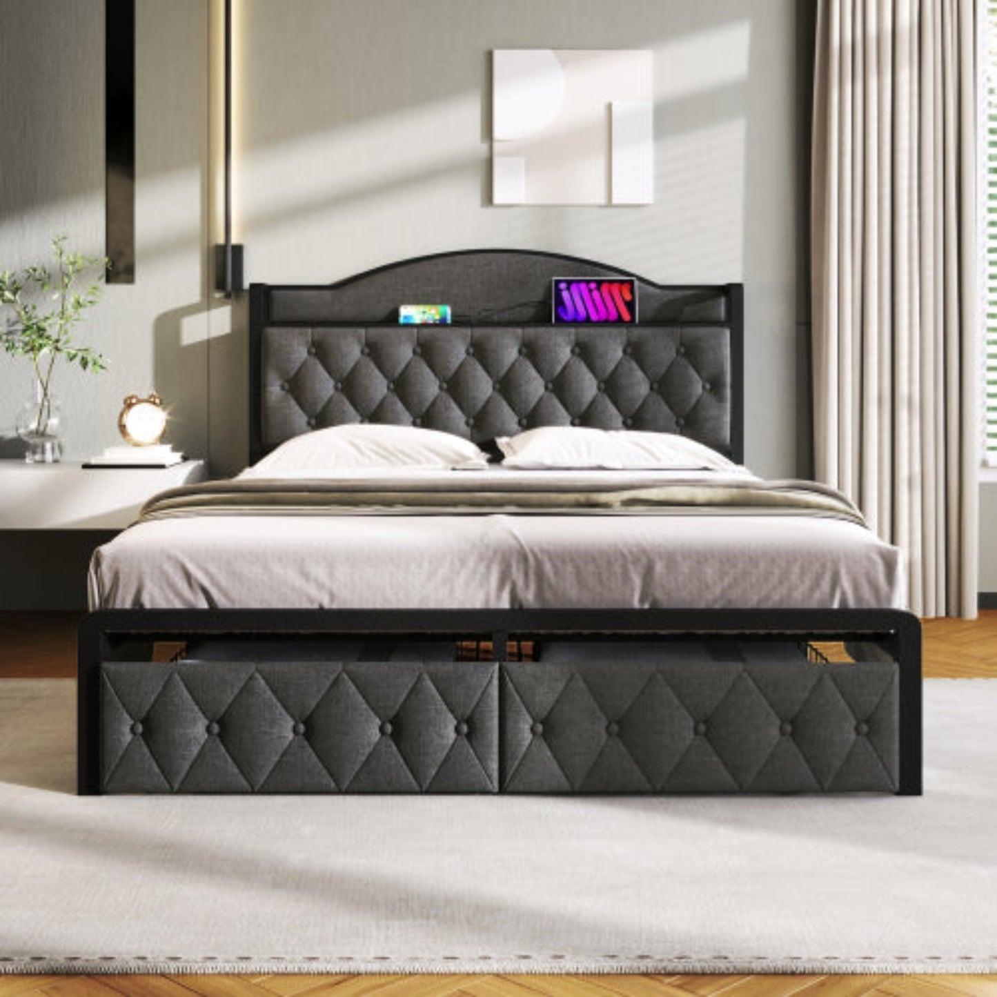 Grey Upholstered Double Bed-USB Type C Charging, Storage Drawers, Slatted Metal Frame