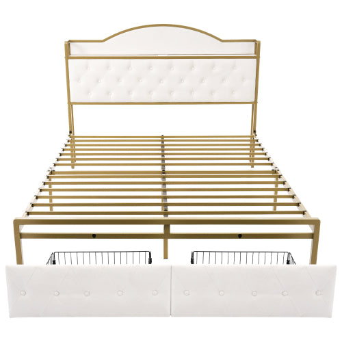 Light Beige Storage Double Bed-USB Type C Charging, Slatted Metal Frame