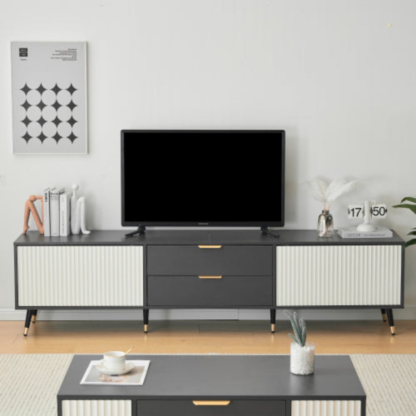 Elegant Grey-White TV Cabinet- 2 Drawers, 2 Doors, Cable Management, Modern Design