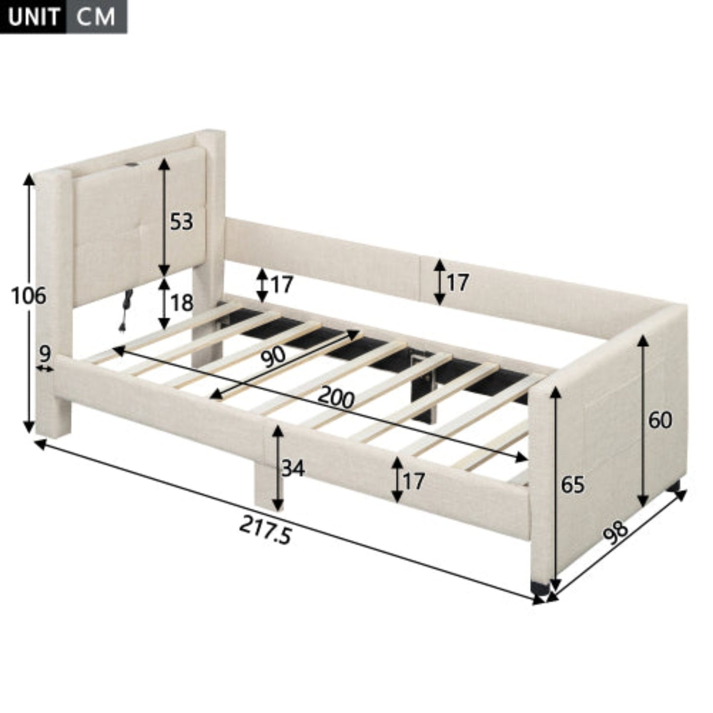 Beige Padded Bed-USB Port, Minimalist, 90x200cm Flat Platform Bed