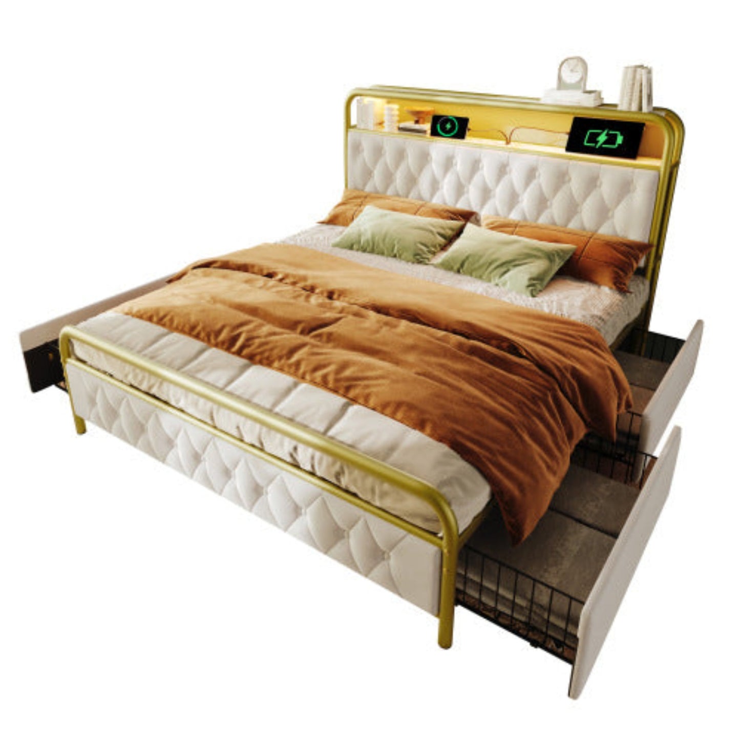 Double Upholstered Bed with USB Charging, APP-Controlled LED, Metal Frame, Velvet, 4 Drawers