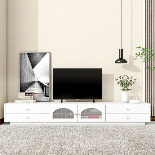 White TV Cabinet with 4 Drawers and 2 Glass Doors for 90 Inch TV