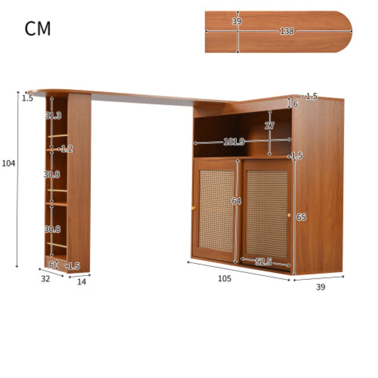 Rattan-Front Extendable Bar Table-Storage, Adjustable Shelves, Multi-Use 193x39x104cm