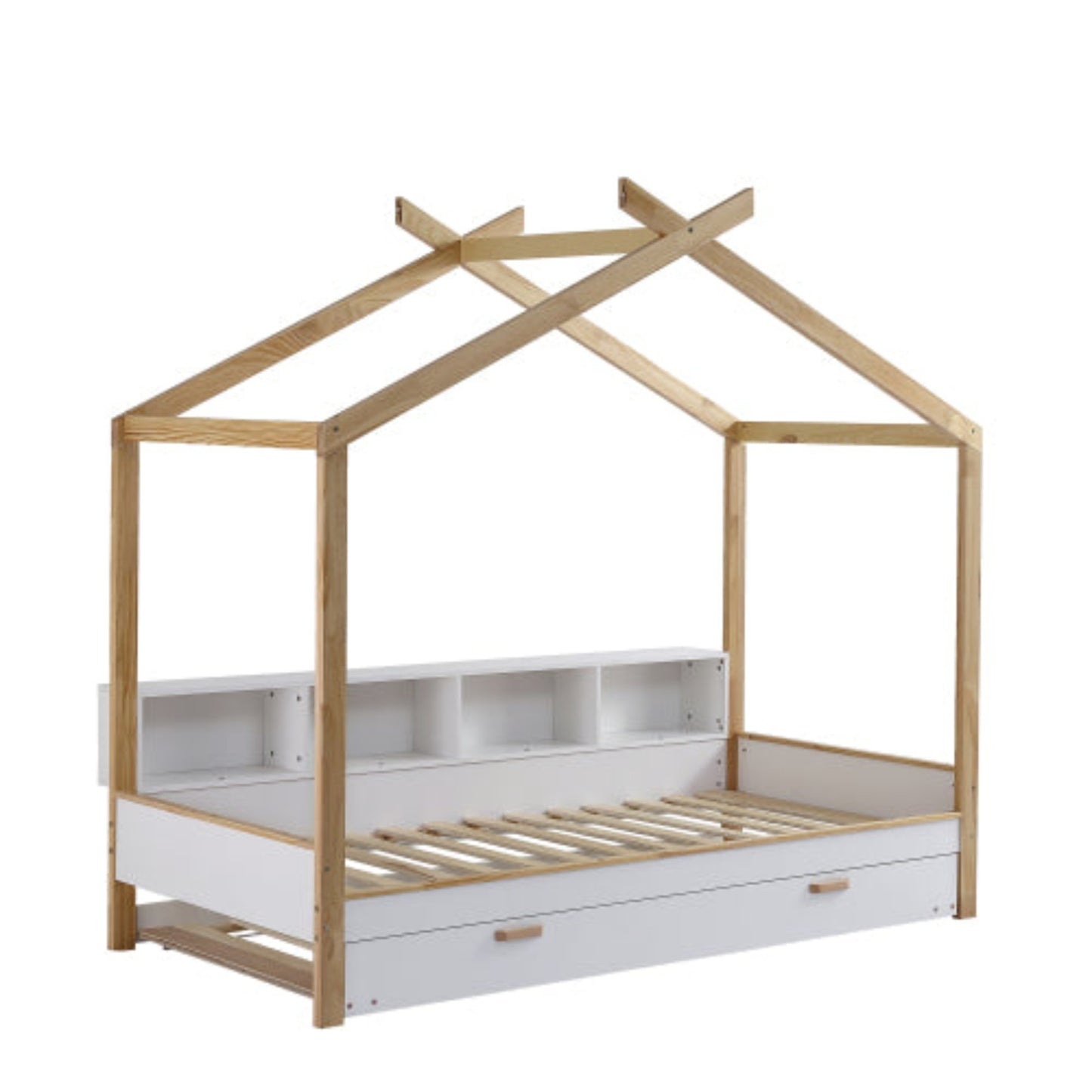 White Natural Children's House Bed with Storage, Trundle - Pine Frame