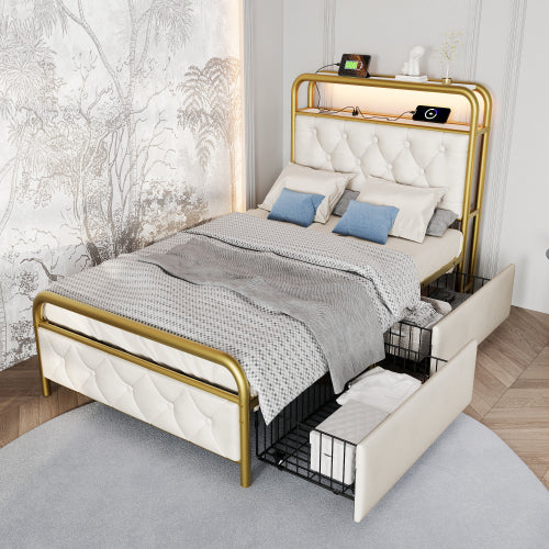 Velvet Single Bed with USB Type C Charging, APP-Controlled LED, Metal Frame, 2 Drawers