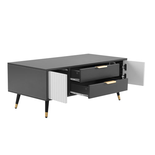 Modern Grey-White Coffee Table-2 Doors, 2 Drawers, Gold Accents, High-Quality Living Room Furniture