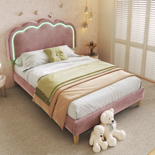 Pink Velvet Single Bed with LED, Adjustable Headboard, Slatted Frame, YouthGuest Room Bed Frame