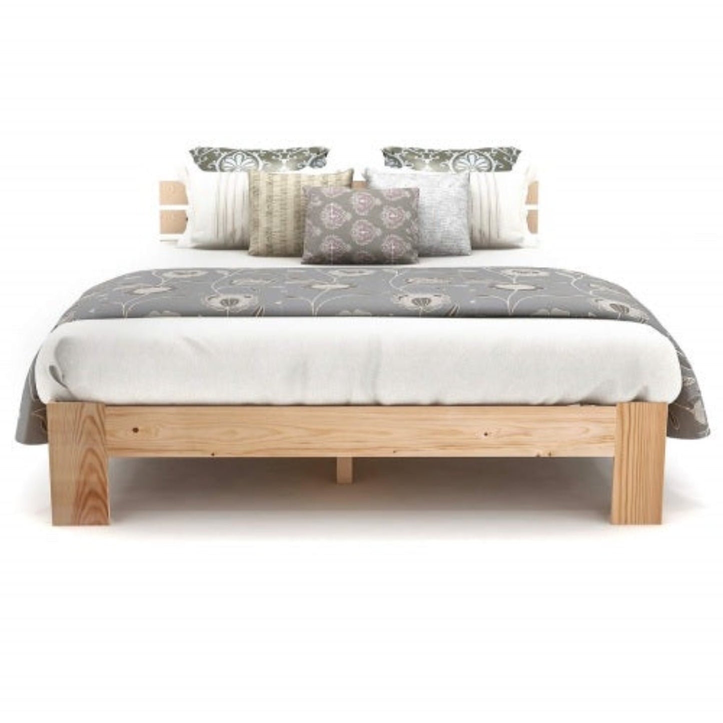 140cm Solid Pine Double Bed,Slatted Frame, Headboard, Grey-Beige Upholstery