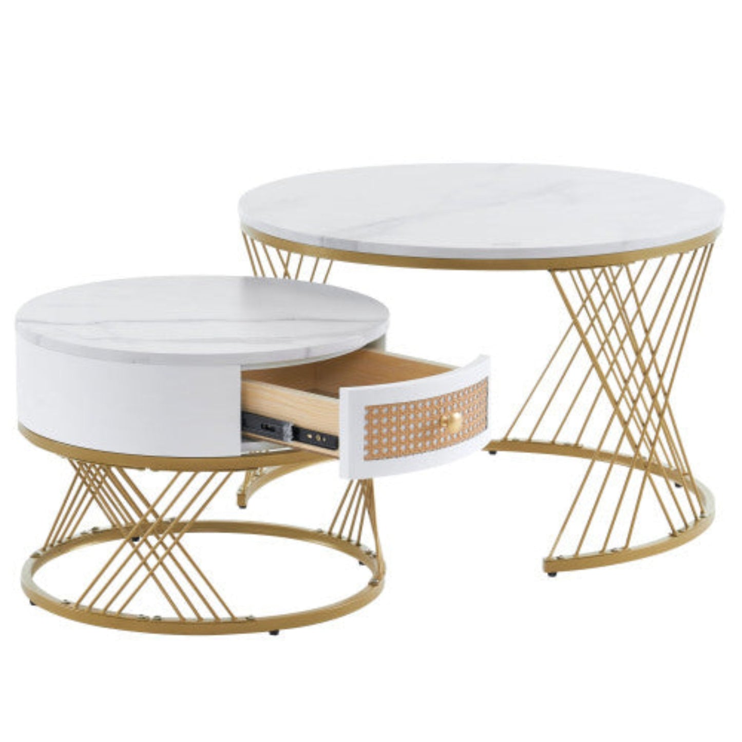 Elegant 2-Piece White Coffee Table Set- Marble Texture, Plastic Rattan Drawers, Gold Accents