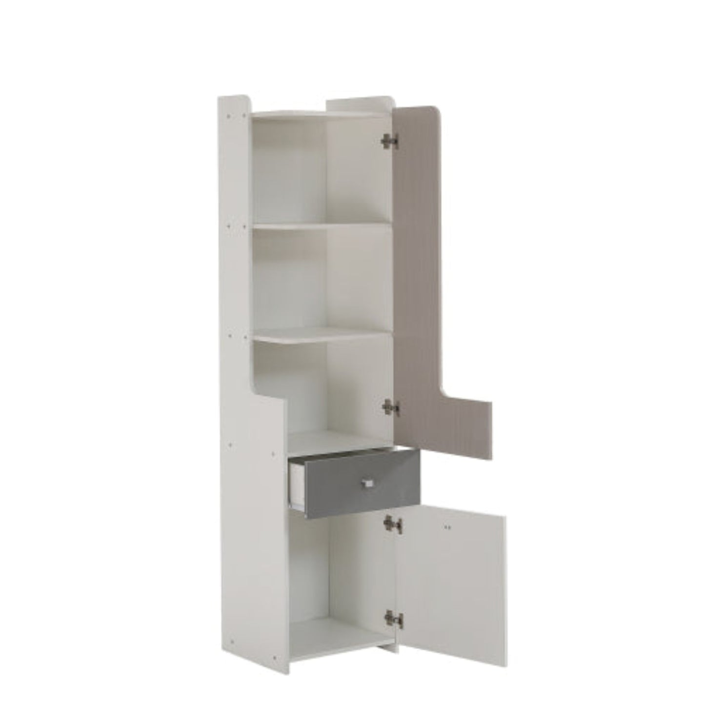 L-Shaped Teenager Bookcase with Drawer, Hinged Doors, and Metal Knobs - White Light Elm Gray