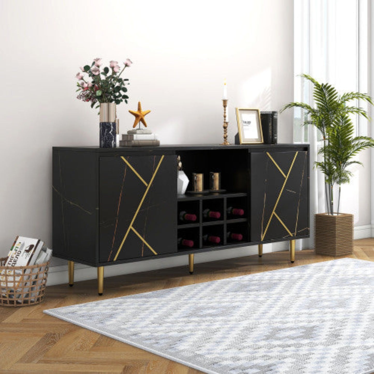 BlackGold Side Cabinet,Wine Rack, Elegant Design, 148x40x70cm