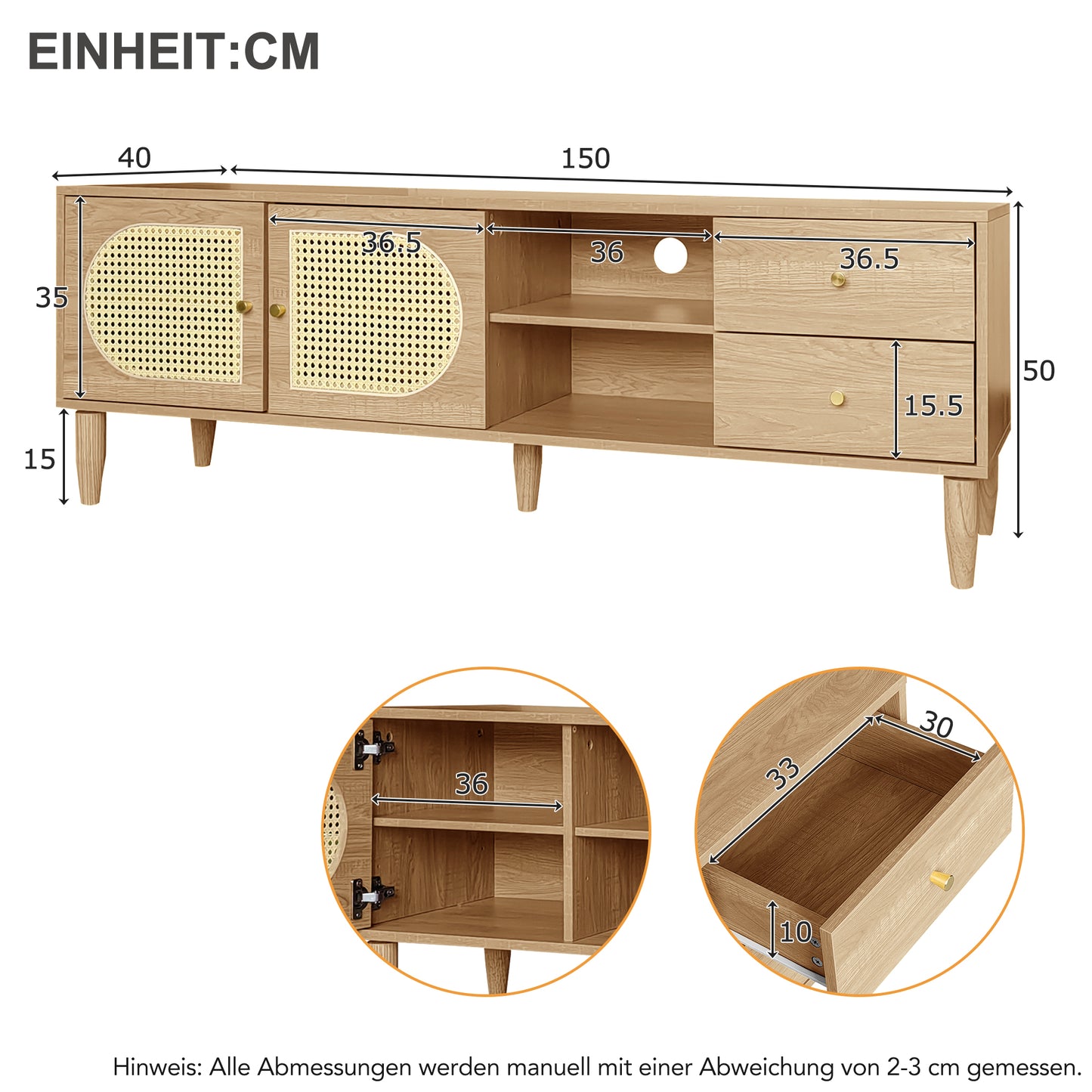 150cm Rattan TV Cabinet with Adjustable Shelf for 60 inches TVs