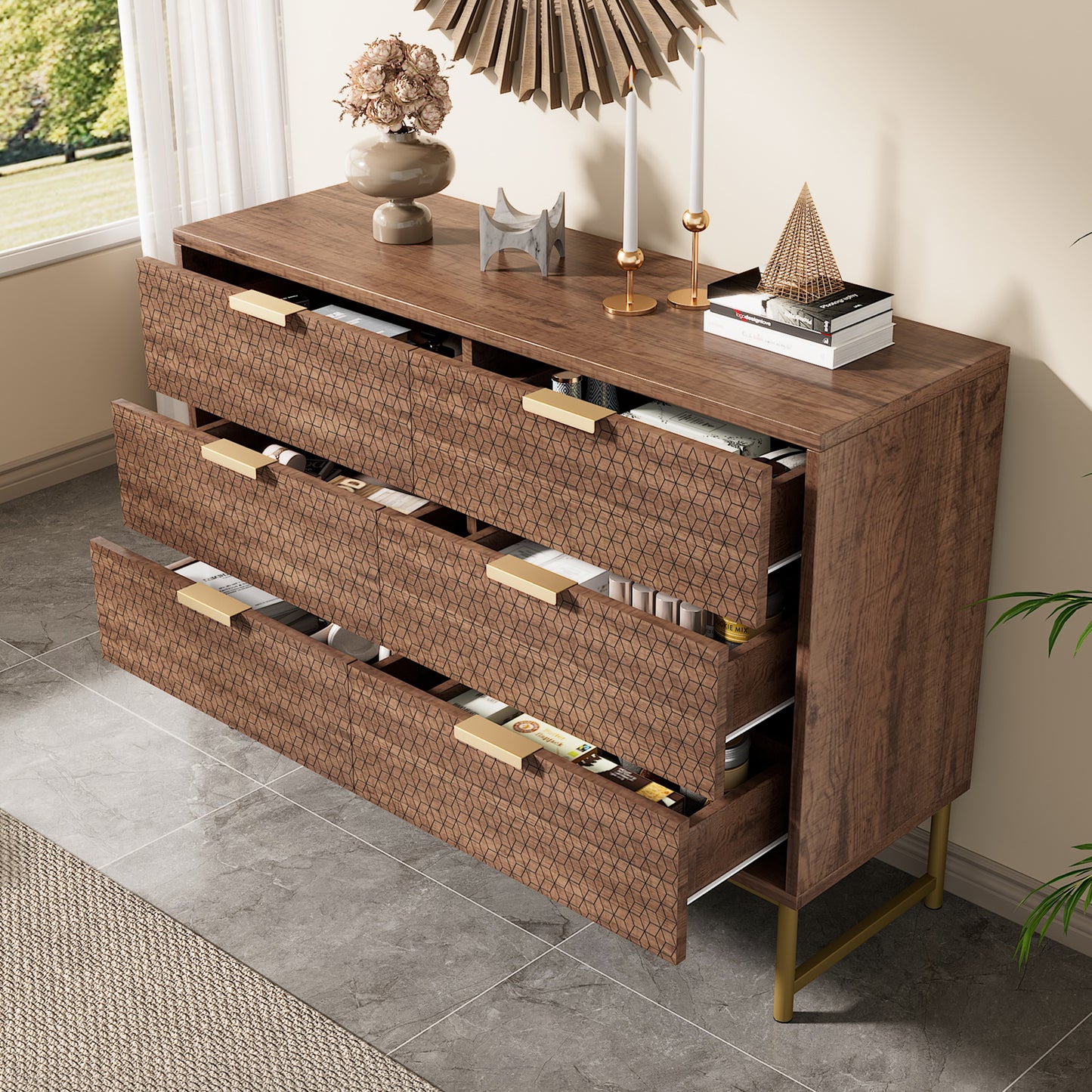 Walnut Embossed 6-Drawer Chest with Metal Handles