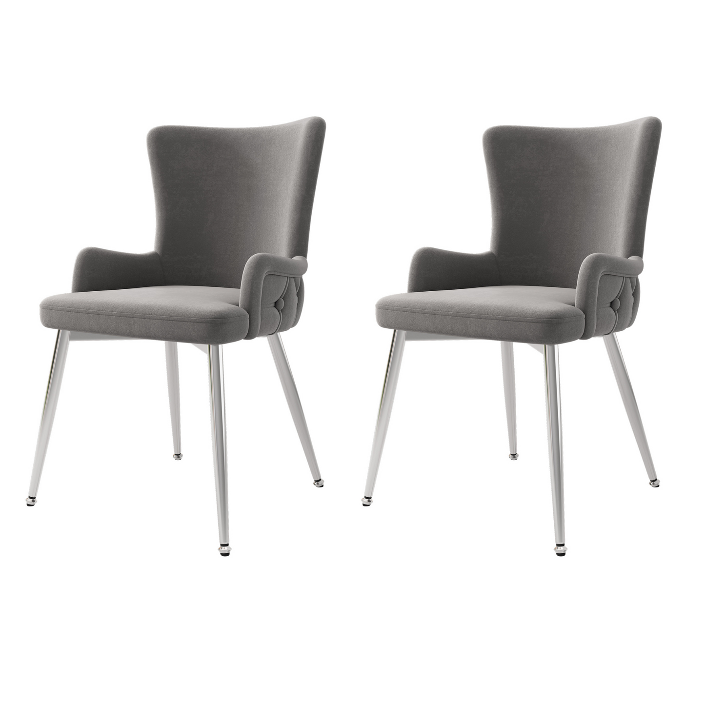 Luxury Grey Velvet Dining Chair Set of 2 with Silver Metal Legs