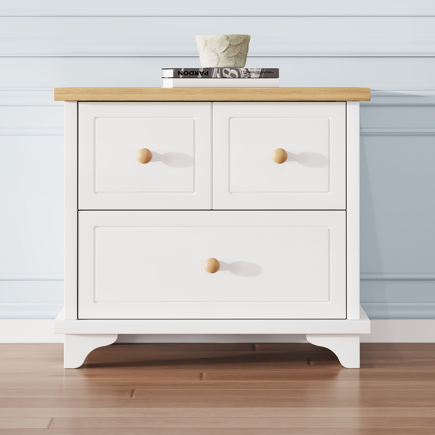 (Z)Modern minimalist bedside table with two drawers White natural wood grain