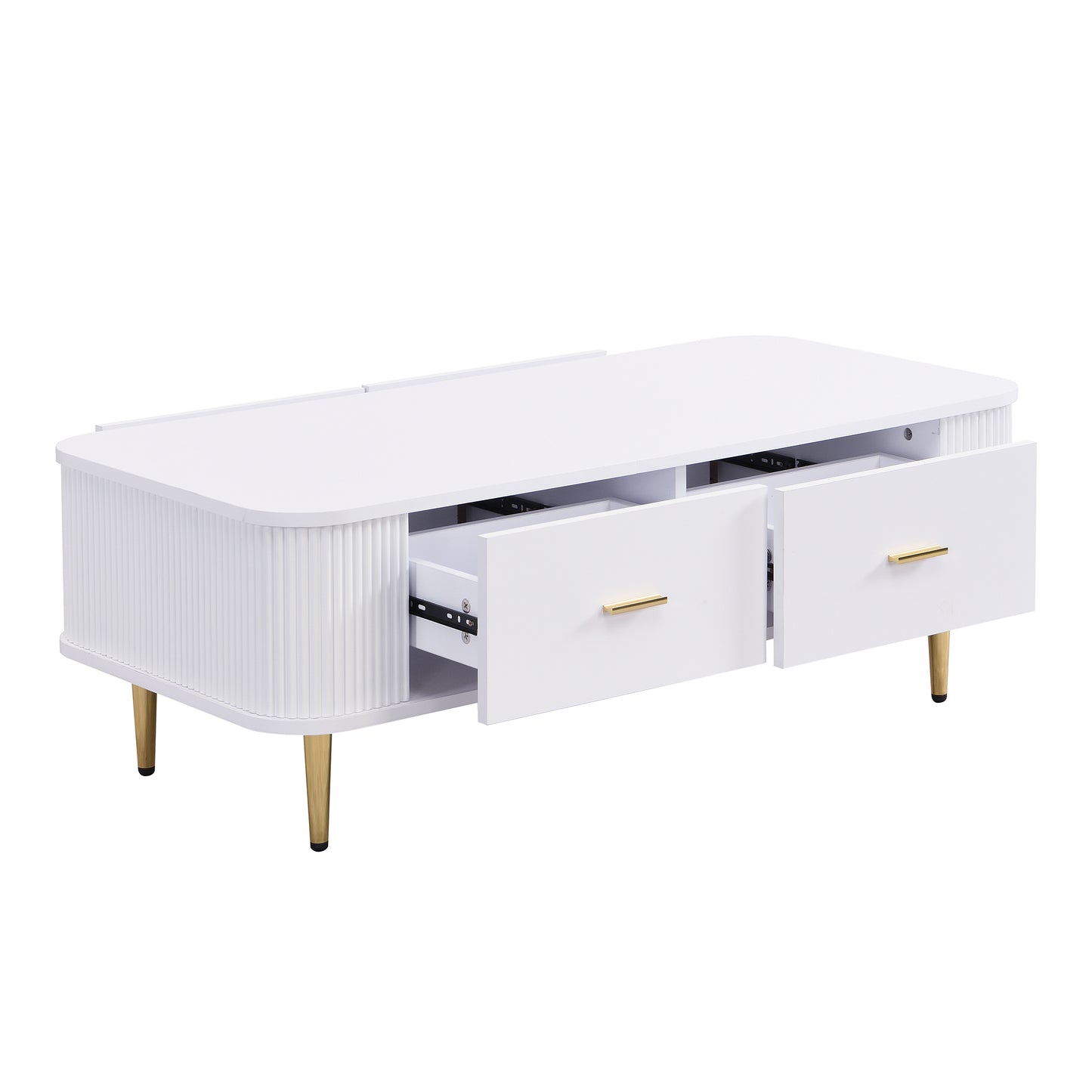 Elegant Wavy Sides Coffee Table with Gold Handles and Drawers