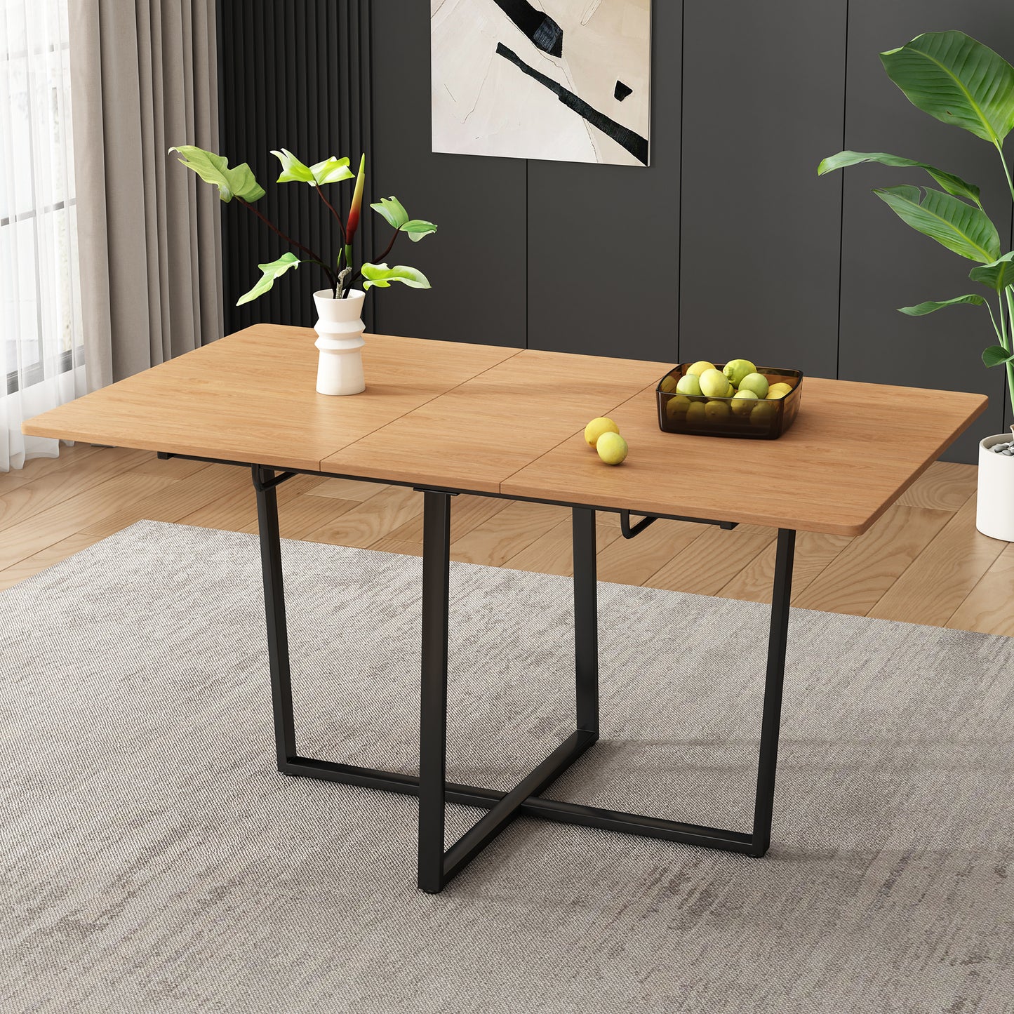 Stylish Extendable Dining Table with Black Legs-oak