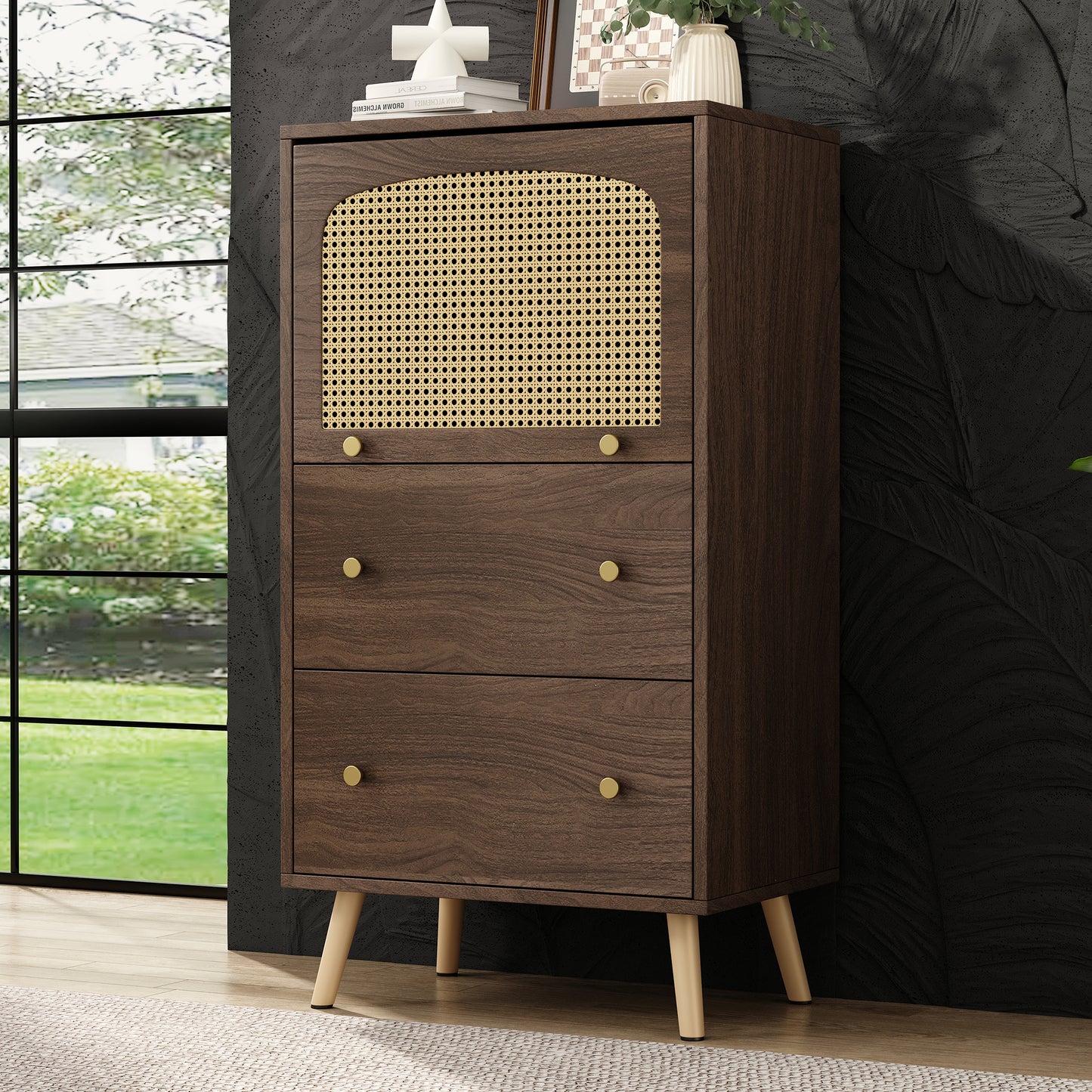 Rattan-Detail Walnut Cabinet - Modern Storage with Sliding Door- Gold Legs