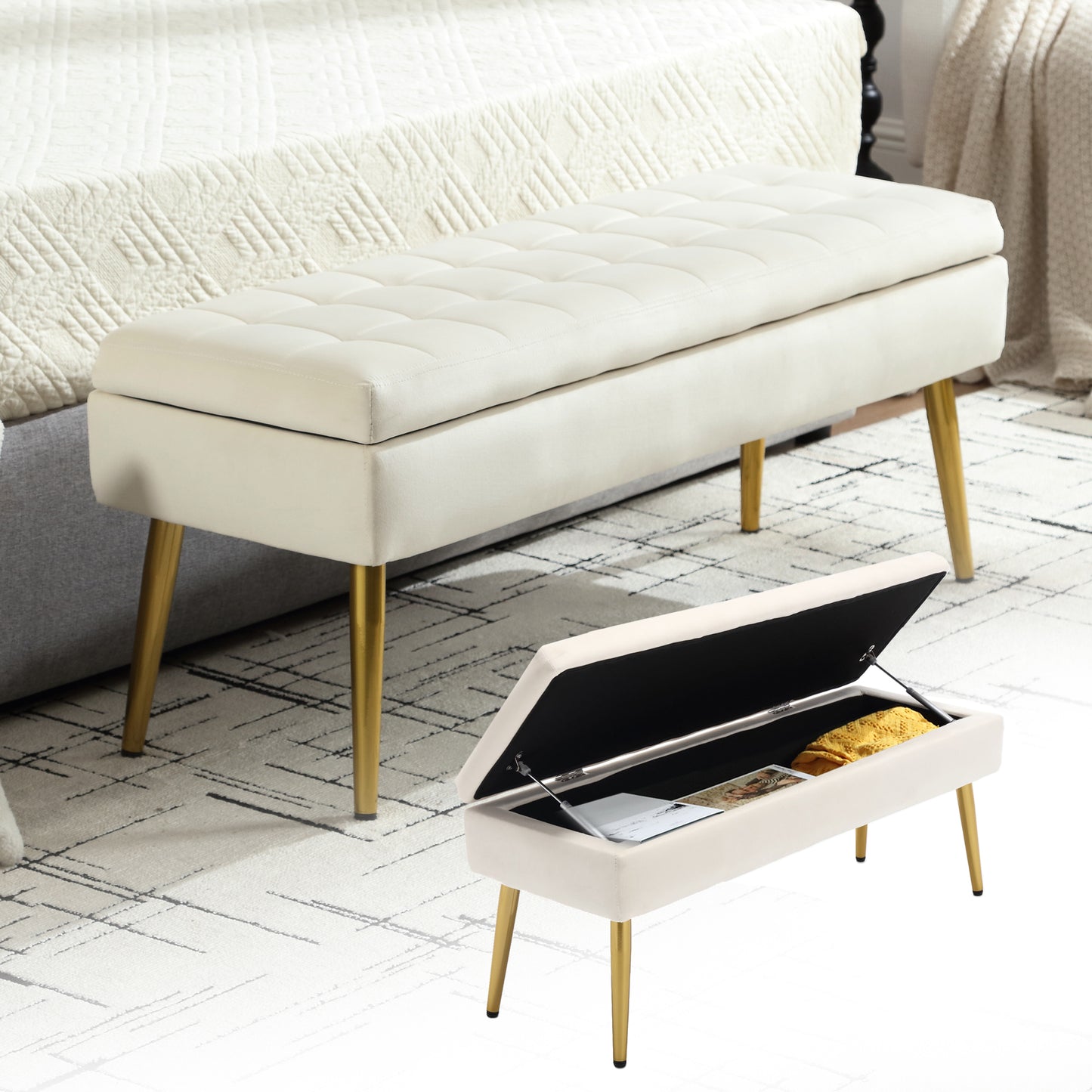 Modern Minimalist Upholstered Velvet Storage Bench with Gold Metal Legs