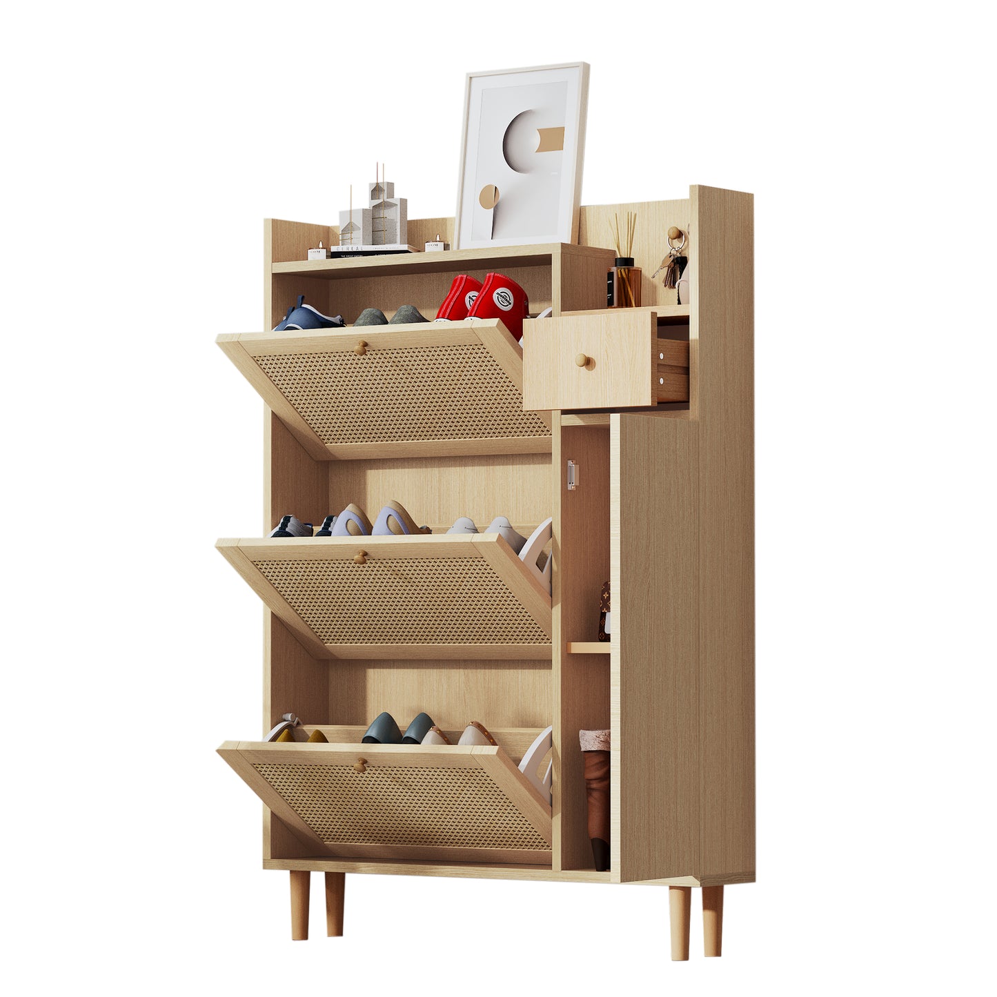 Compact Rattan Shoe Cabinet with 3 Tilt Doors and 1 Drawer