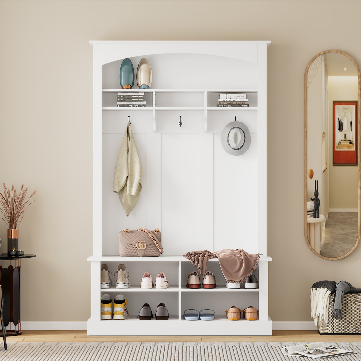 White Multifunctional Hallway Storage Cabinet with Bench and Shoe Rack, Open Storage