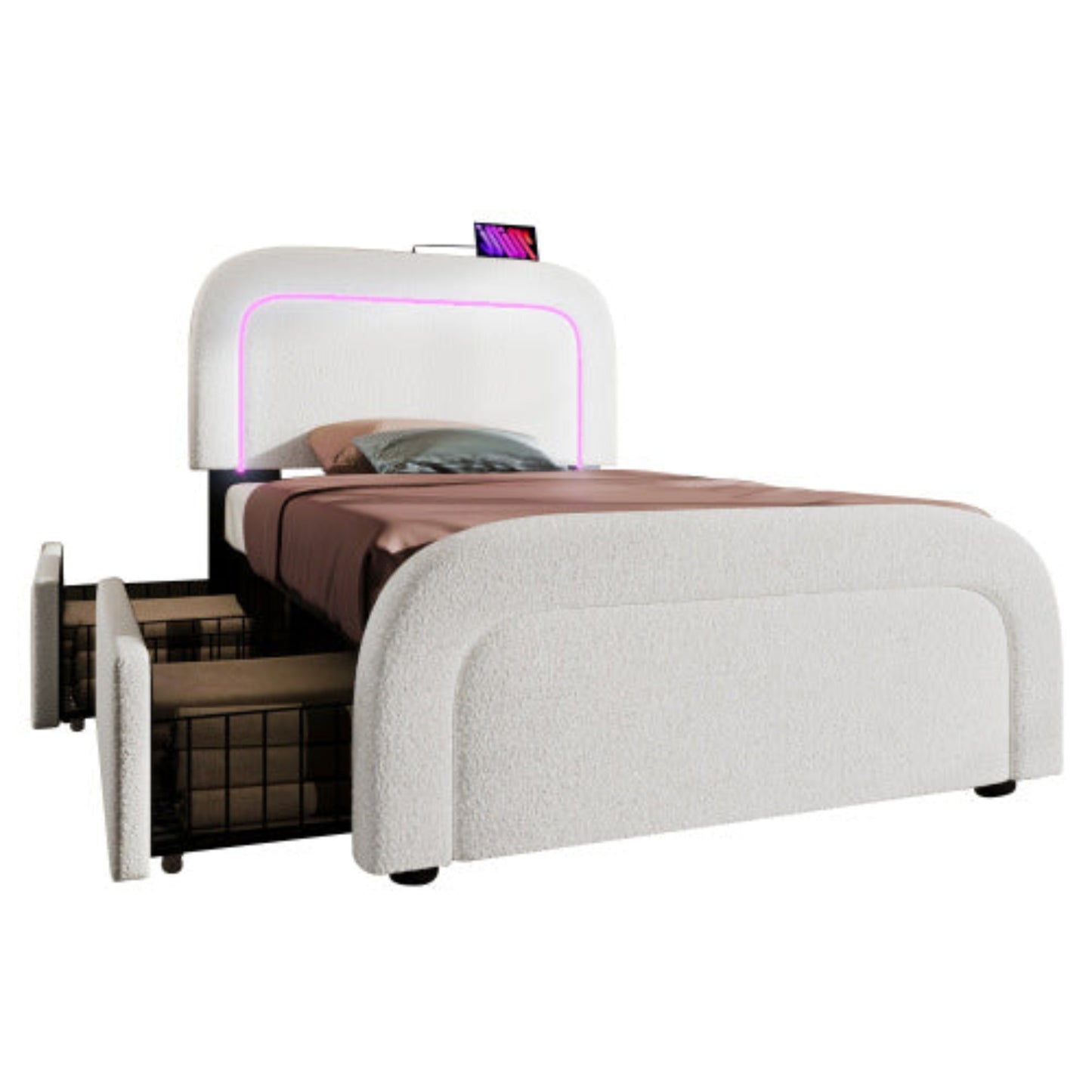 Sherp White Multifunctional Bed Frame-USB-C, LED Lights, Adjustable Headboard, Drawers