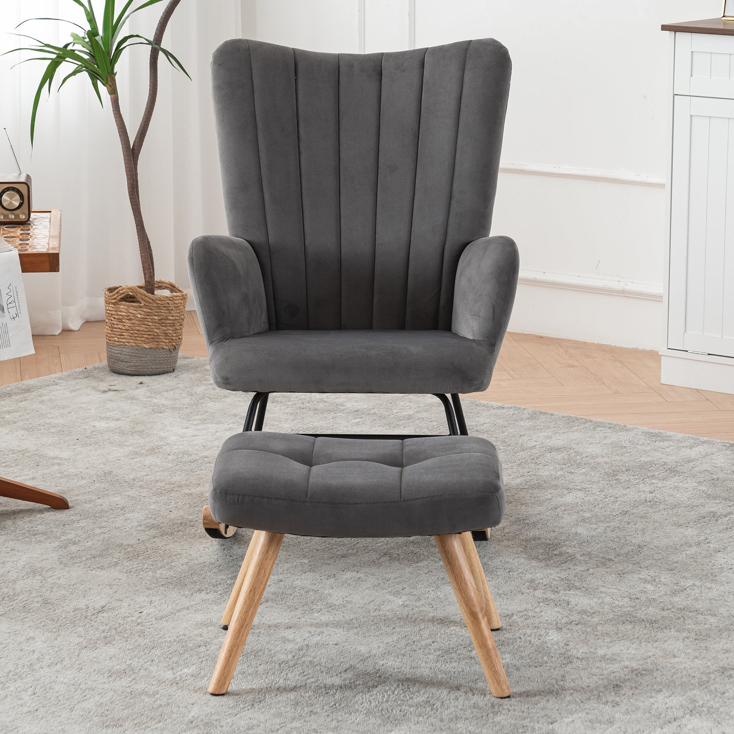 Ergonomic Grey Rocking Chair with Footstool - 97 cm High, 48 cm Seat