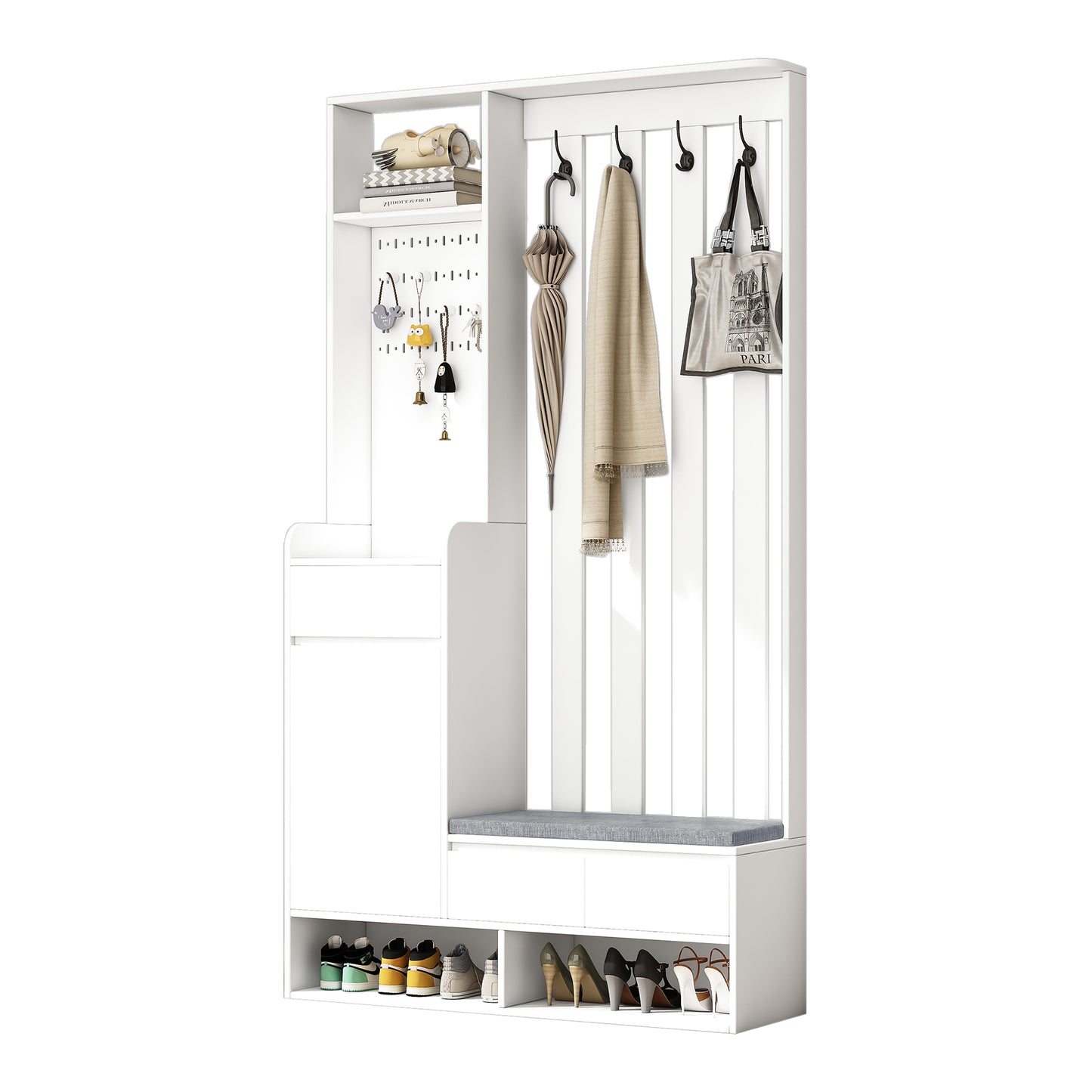 Modern White Hallway Furniture Set - Coat Rack, Shoe Cabinet, Padded Bench