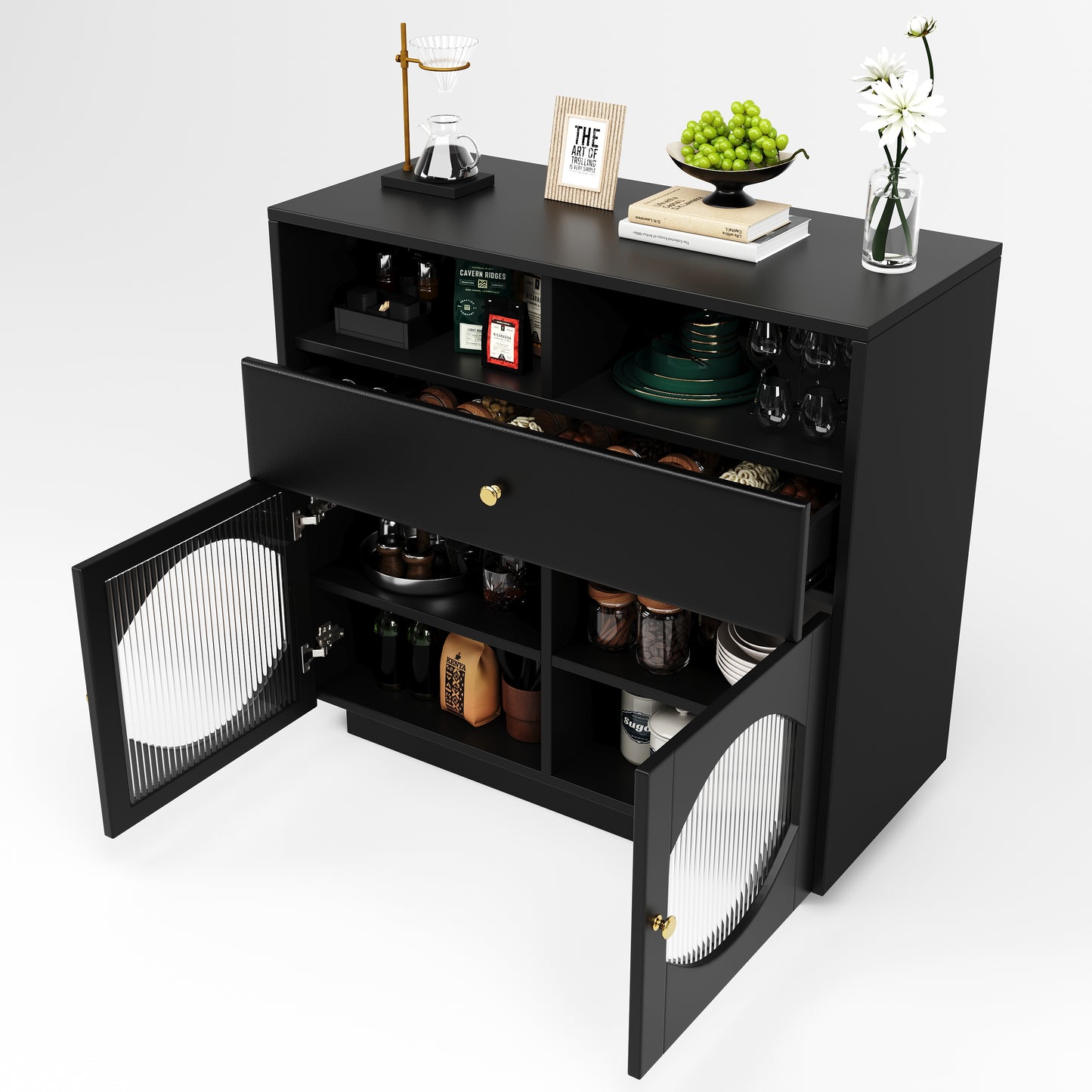 Modern Black Glass-Door Sideboard Buffet Cabinet