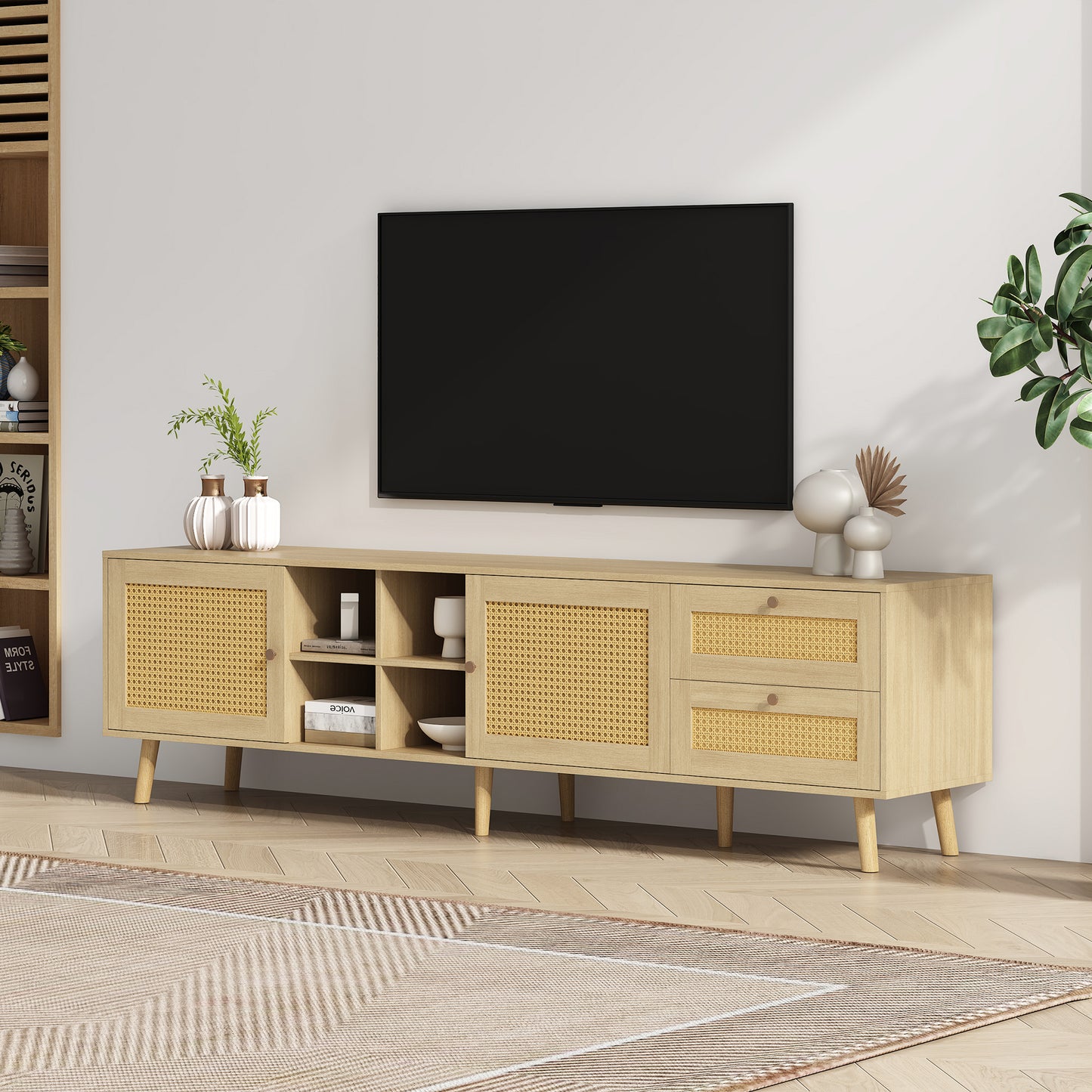 Elegant Wooden  Rattan TV Cabinet - 180cm Wide for 80 inchesTV