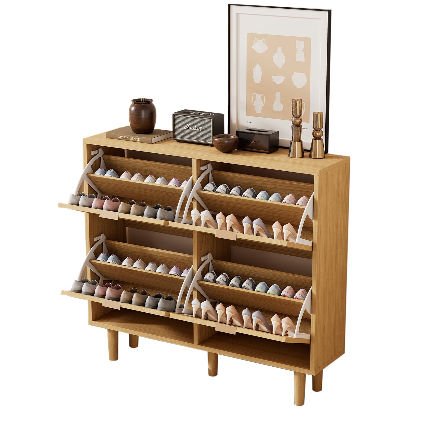 Rattan Shoe Cabinet with Metal Handles and Folding Drawers