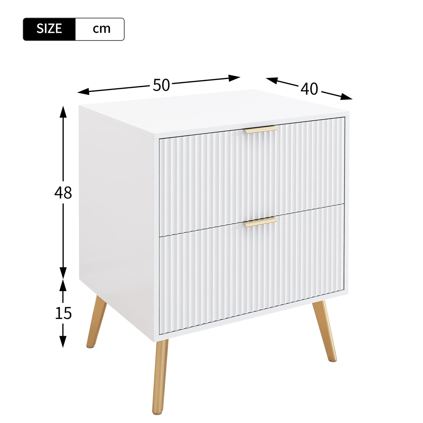 White Lacquered Double Drawer Bedside Table with Gold-Plated Feet and Knobs